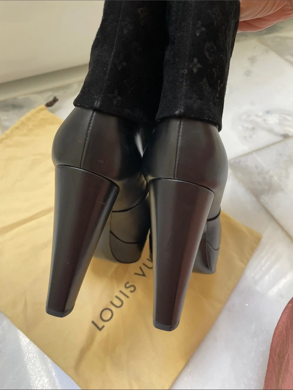 Louis Vuitton Black Leather Platform Ankle Boots with Monogram Velvet Cuff